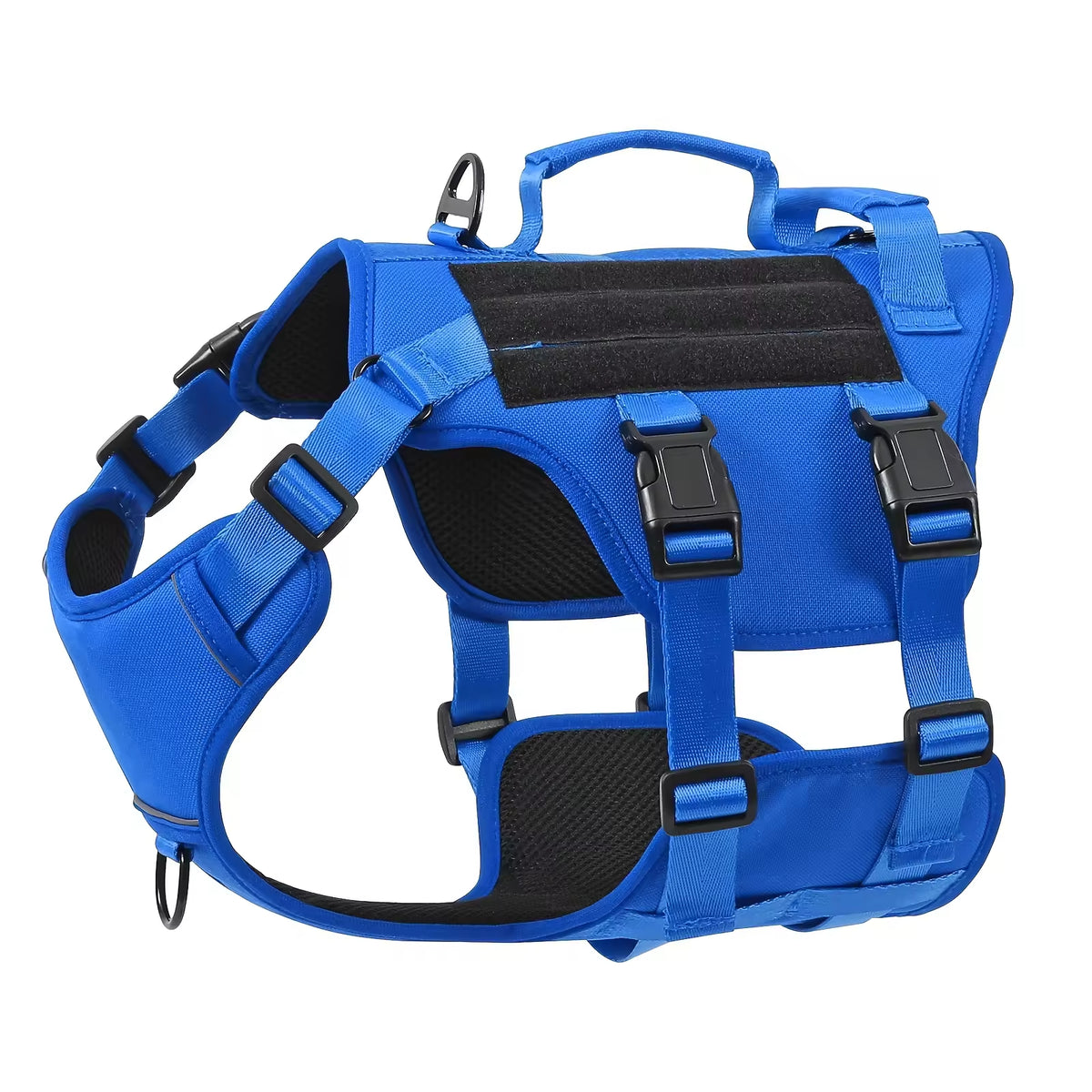 Tactical-style dog harness in 1000D nylon with a top control handle