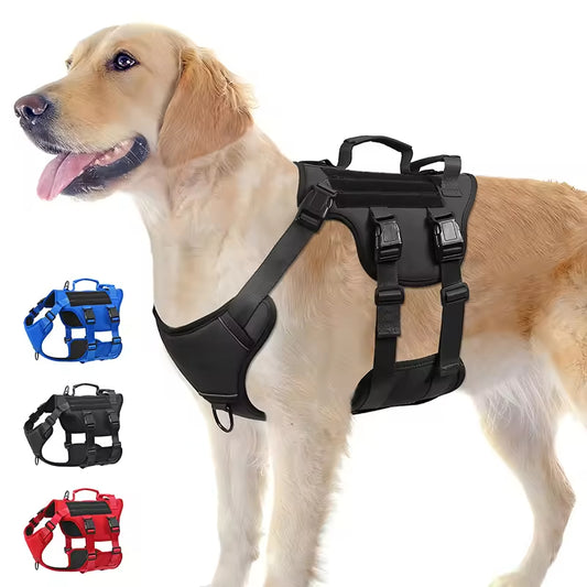 Tactical-style dog harness in 1000D nylon with a top control handle