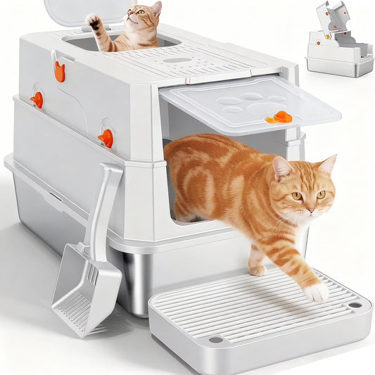 Extra-large enclosed stainless steel litter box, silver gray
