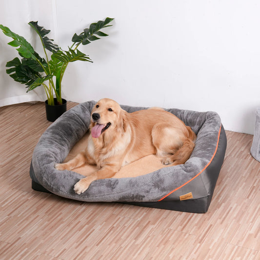 Grey bolstered orthopedic dog bed with memory foam base