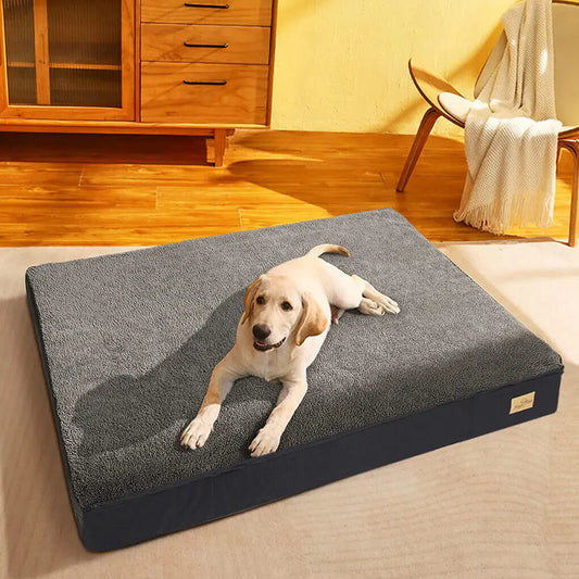 Memory foam mattress dog bed with grey cover, flat rectangular shape