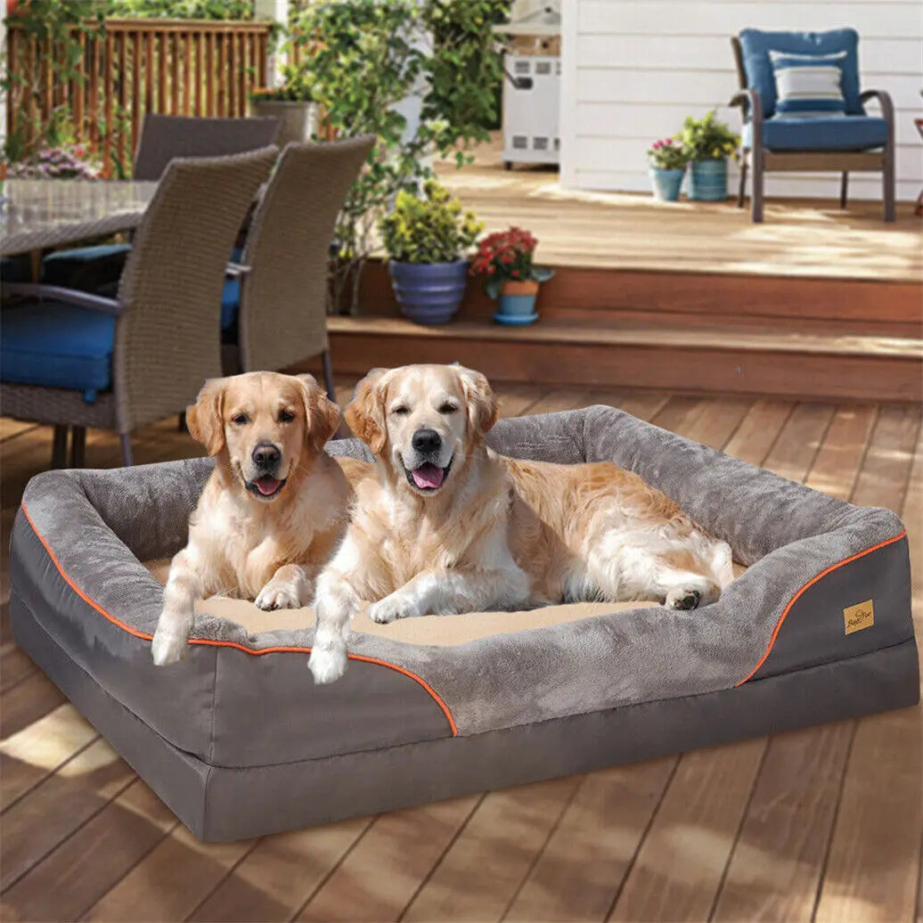 Bolstered dog bed cover opened to show the foam mattress