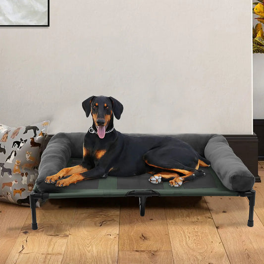 Elevated mesh dog lounger with plush bolster attached