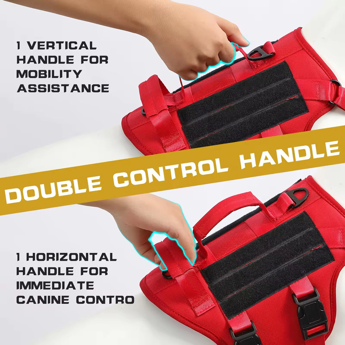 Tactical-style dog harness in 1000D nylon with a top control handle