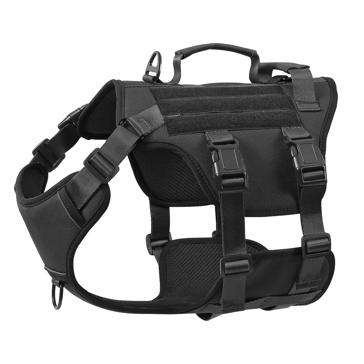 Tactical-style dog harness in 1000D nylon with a top control handle